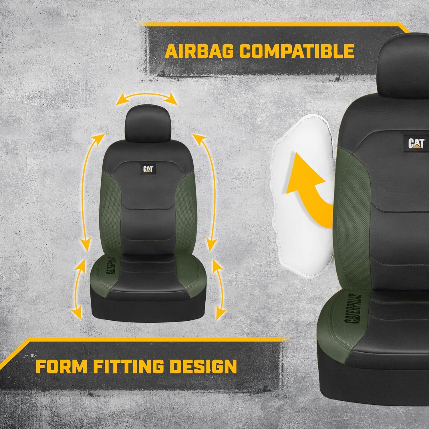 imageCaterpillar Flexfit Automotive Seat Covers for Cars Trucks and SUVs Set of 2 Black Seat Covers for Front Seats Seat Protectors with Gray Honeycomb Trim Auto Interior CoversHunter Green