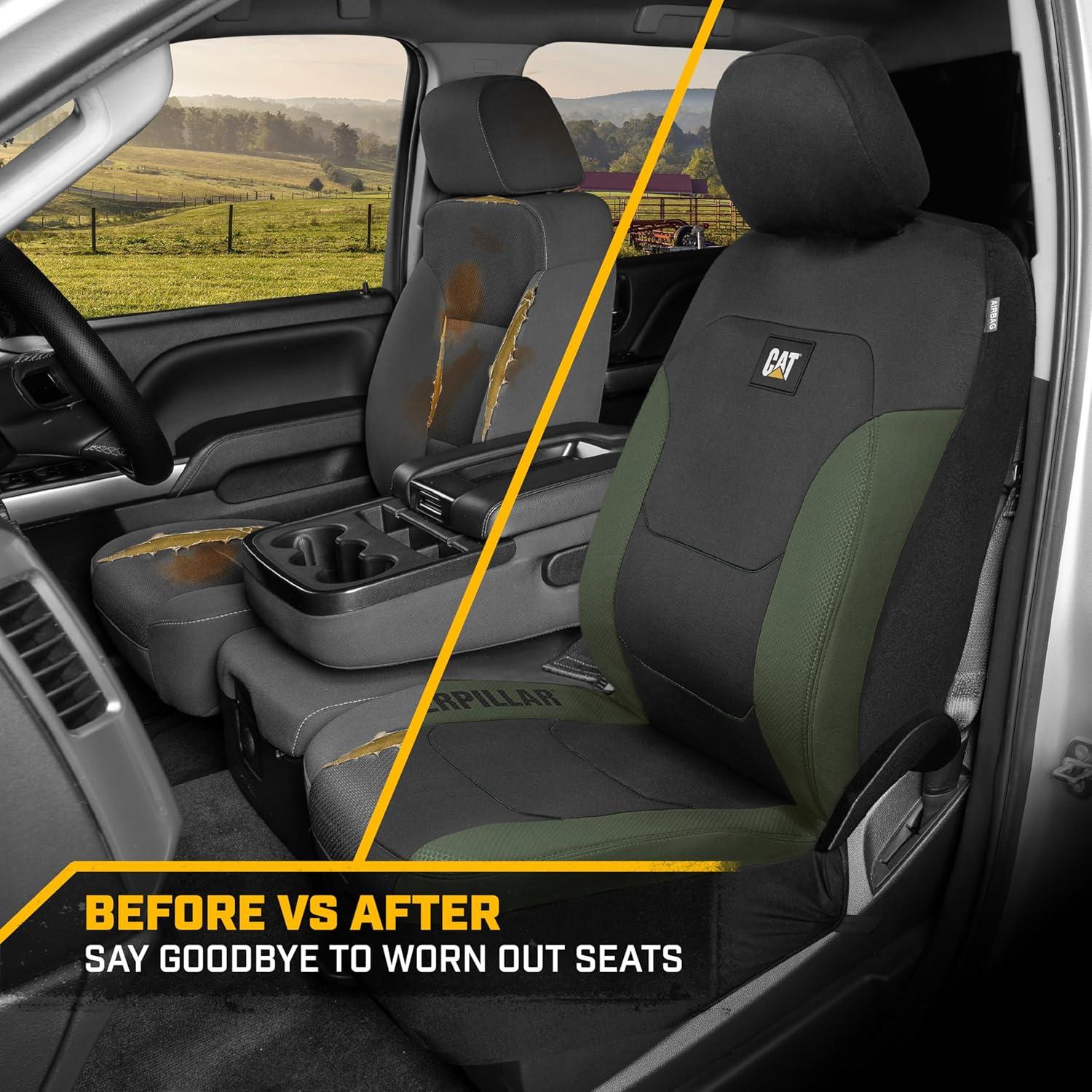 imageCaterpillar Flexfit Automotive Seat Covers for Cars Trucks and SUVs Set of 2 Black Seat Covers for Front Seats Seat Protectors with Gray Honeycomb Trim Auto Interior CoversHunter Green