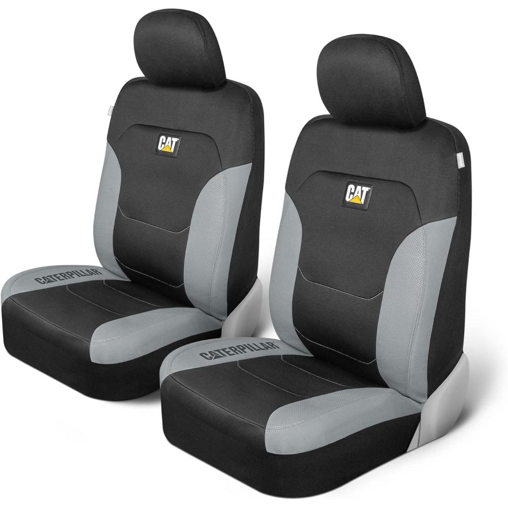 imageCaterpillar Flexfit Automotive Seat Covers for Cars Trucks and SUVs Set of 2 Black Seat Covers for Front Seats Seat Protectors with Gray Honeycomb Trim Auto Interior CoversGray
