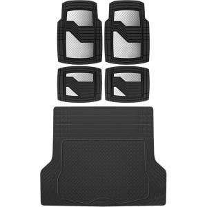 BDK CAT® Heavy Duty All Weather Tough Rubber Car Floor Mats, Metallic Design Floor Mats, Universal Fit Trim-to-Fit 4-Piece Front & Rear Set with Trunk Cargo Mat Liner for Cars Trucks Sedans SUVs Vans(Black/Silver)
