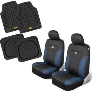 Caterpillar Flexfit Automotive Seat Covers for Cars Trucks and SUVs (Set of 2) – Black Seat Covers for Front Seats, Seat Protectors with Gray Honeycomb Trim, Auto Interior Covers(Front Seats & Mats Blue)