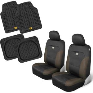 Caterpillar Flexfit Automotive Seat Covers for Cars Trucks and SUVs (Set of 2) – Black Seat Covers for Front Seats, Seat Protectors with Gray Honeycomb Trim, Auto Interior Covers(Front Seats & Mats Dark Beige)