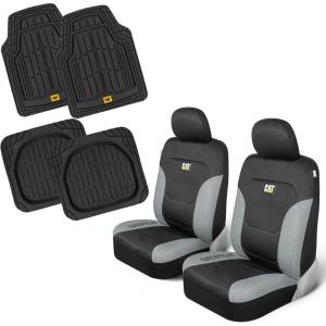 Caterpillar Flexfit Automotive Seat Covers for Cars Trucks and SUVs (Set of 2) – Black Seat Covers for Front Seats, Seat Protectors with Gray Honeycomb Trim, Auto Interior Covers(Front Seats & Mats Gray)