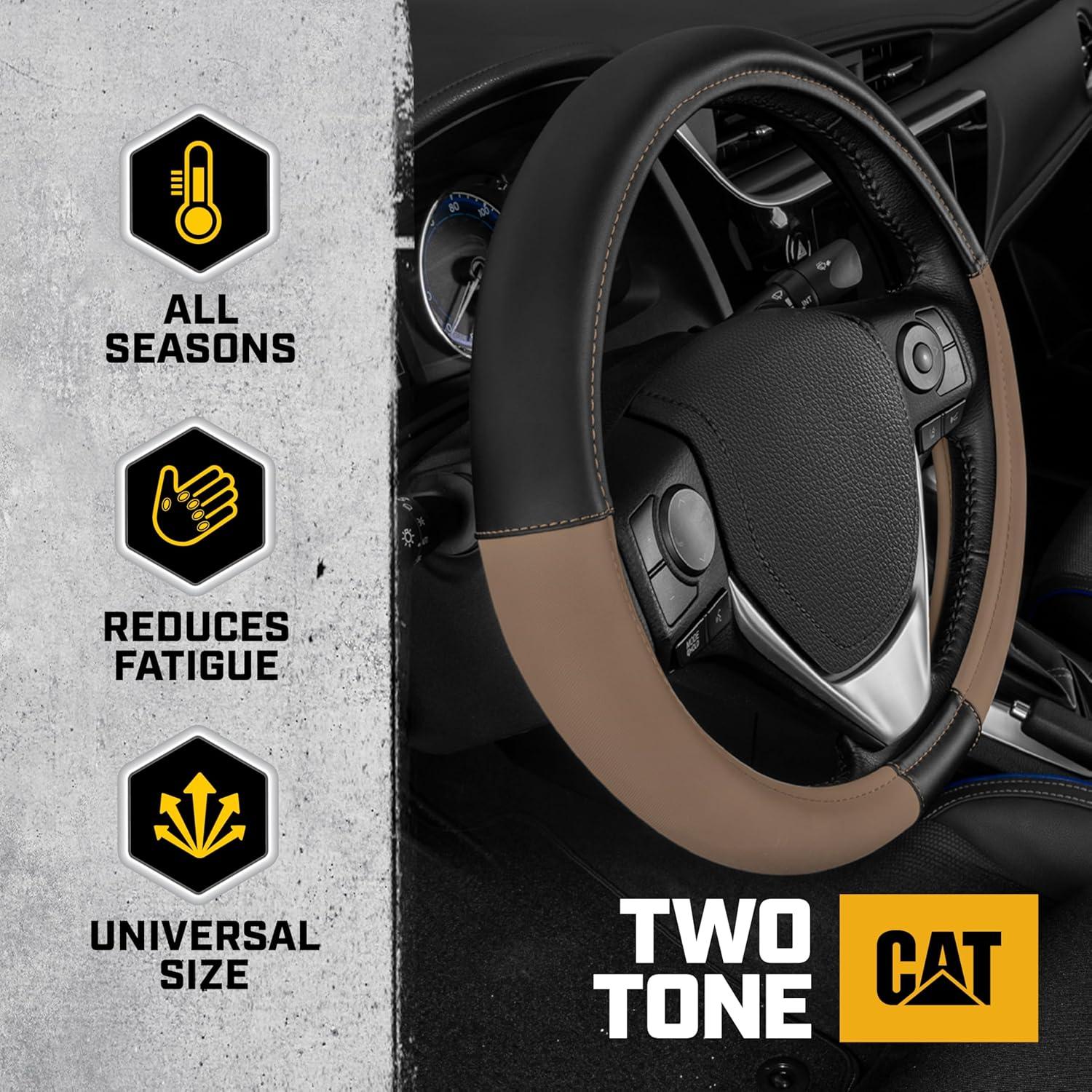 imageCat Steering Wheel Cover SuedePU Leather BlackGray with Chrome Logo 14515 inch Durable and Comfortable with Advanced Grip Car Steering Wheel Cover for Auto Truck Van SUVBeige Black