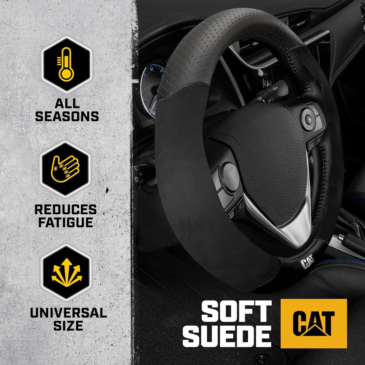 imageCat Steering Wheel Cover SuedePU Leather BlackGray with Chrome Logo 14515 inch Durable and Comfortable with Advanced Grip Car Steering Wheel Cover for Auto Truck Van SUVBlackGray Suede