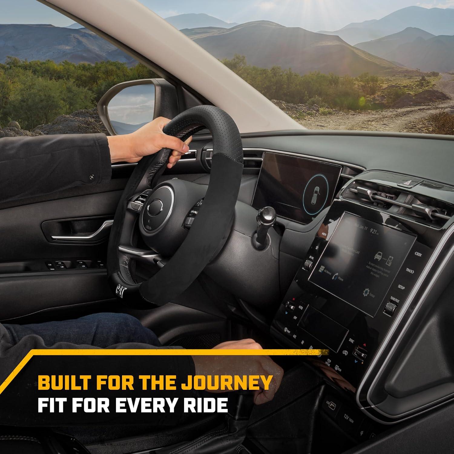 imageCat Steering Wheel Cover SuedePU Leather BlackGray with Chrome Logo 14515 inch Durable and Comfortable with Advanced Grip Car Steering Wheel Cover for Auto Truck Van SUVBlackGray Suede