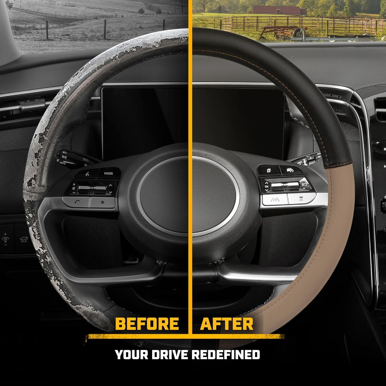 imageCat Steering Wheel Cover SuedePU Leather BlackGray with Chrome Logo 14515 inch Durable and Comfortable with Advanced Grip Car Steering Wheel Cover for Auto Truck Van SUVBeige Black