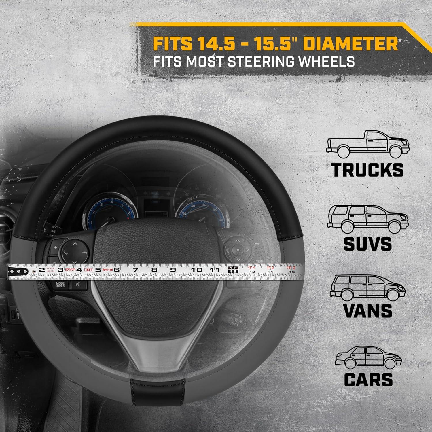 imageCat Steering Wheel Cover SuedePU Leather BlackGray with Chrome Logo 14515 inch Durable and Comfortable with Advanced Grip Car Steering Wheel Cover for Auto Truck Van SUVDark Gray Black