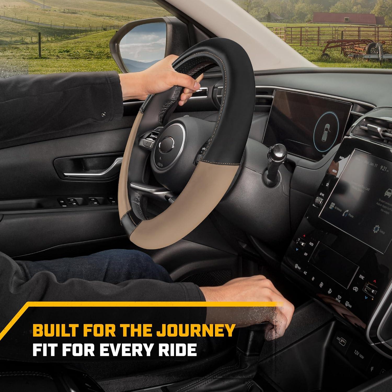 imageCat Steering Wheel Cover SuedePU Leather BlackGray with Chrome Logo 14515 inch Durable and Comfortable with Advanced Grip Car Steering Wheel Cover for Auto Truck Van SUVBeige Black