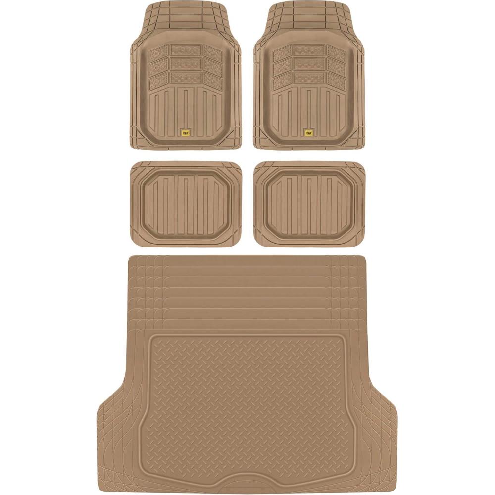 imageBDK Cat CAMT9014 4Piece Large Deep Dish Rubber Car Floor Mats with Trunk Cargo Liner Universal Trim to Fit Front ampamp Rear Combo Set for Car Sedan SUV Van Heavy Duty All Weather BeigeBeige