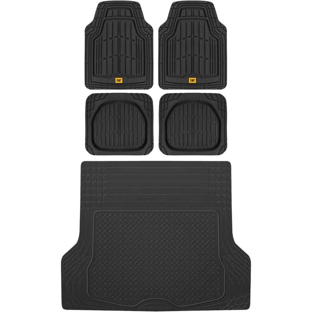 imageBDK USA by CAT Automotive Heavy Duty Car Floor Mats with Rear Cargo Mat Trunk Cargo Liner for SUV Caterpillar AllWeather Universal Trim to Fit Front ampamp Rear Combo Rubber Car Mats ampamp SUV Trunk MatBlack