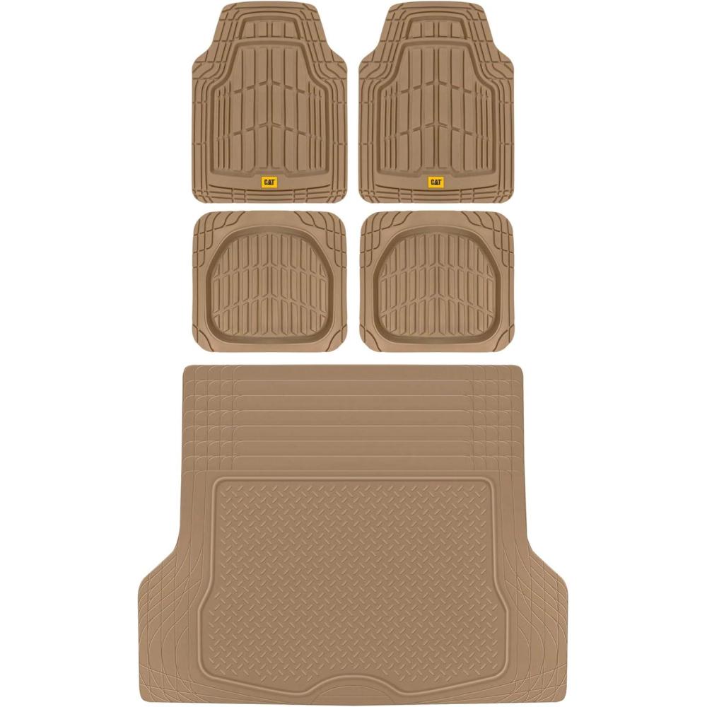 imageBDK USA by CAT Automotive Heavy Duty Car Floor Mats with Rear Cargo Mat Trunk Cargo Liner for SUV Caterpillar AllWeather Universal Trim to Fit Front ampamp Rear Combo Rubber Car Mats ampamp SUV Trunk MatBeige