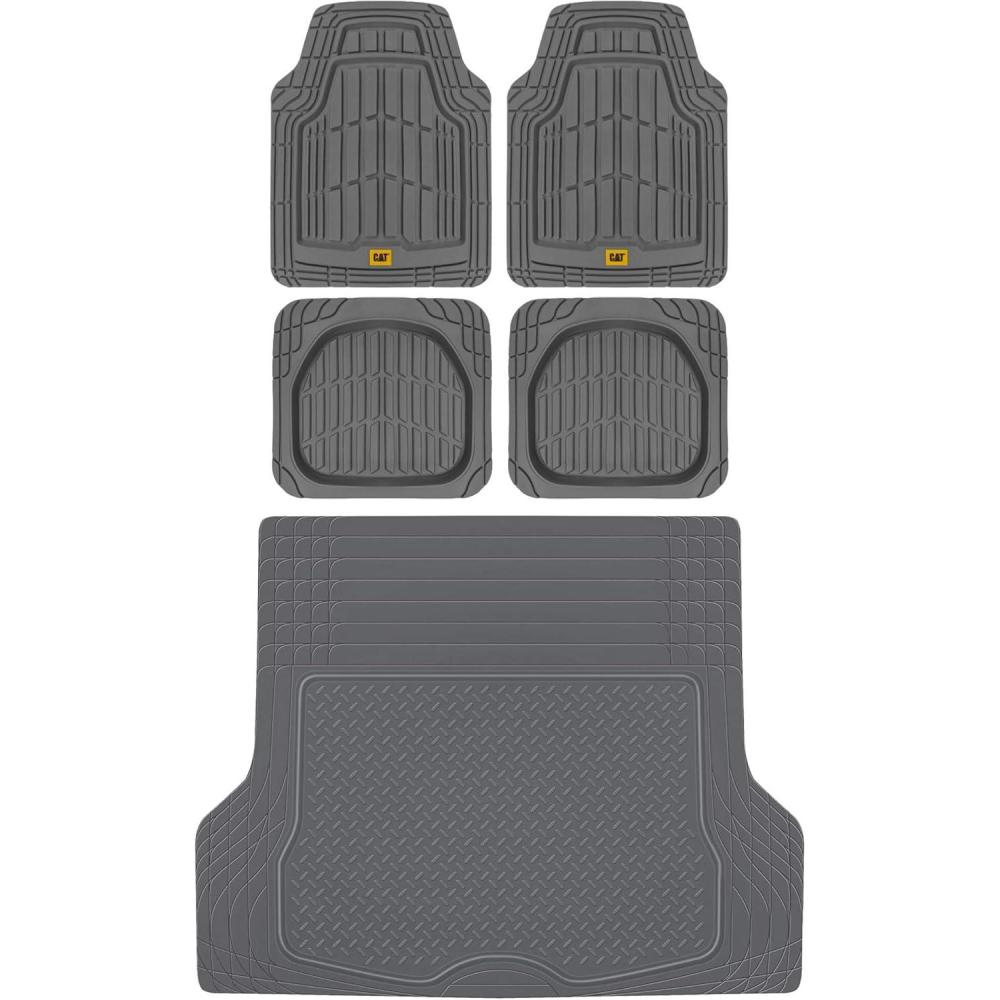 imageBDK USA by CAT Automotive Heavy Duty Car Floor Mats with Rear Cargo Mat Trunk Cargo Liner for SUV  Caterpillar AllWeather Universal Trim to Fit Front ampamp Rear Combo Rubber Car Mats ampamp SUV Trunk MatGray