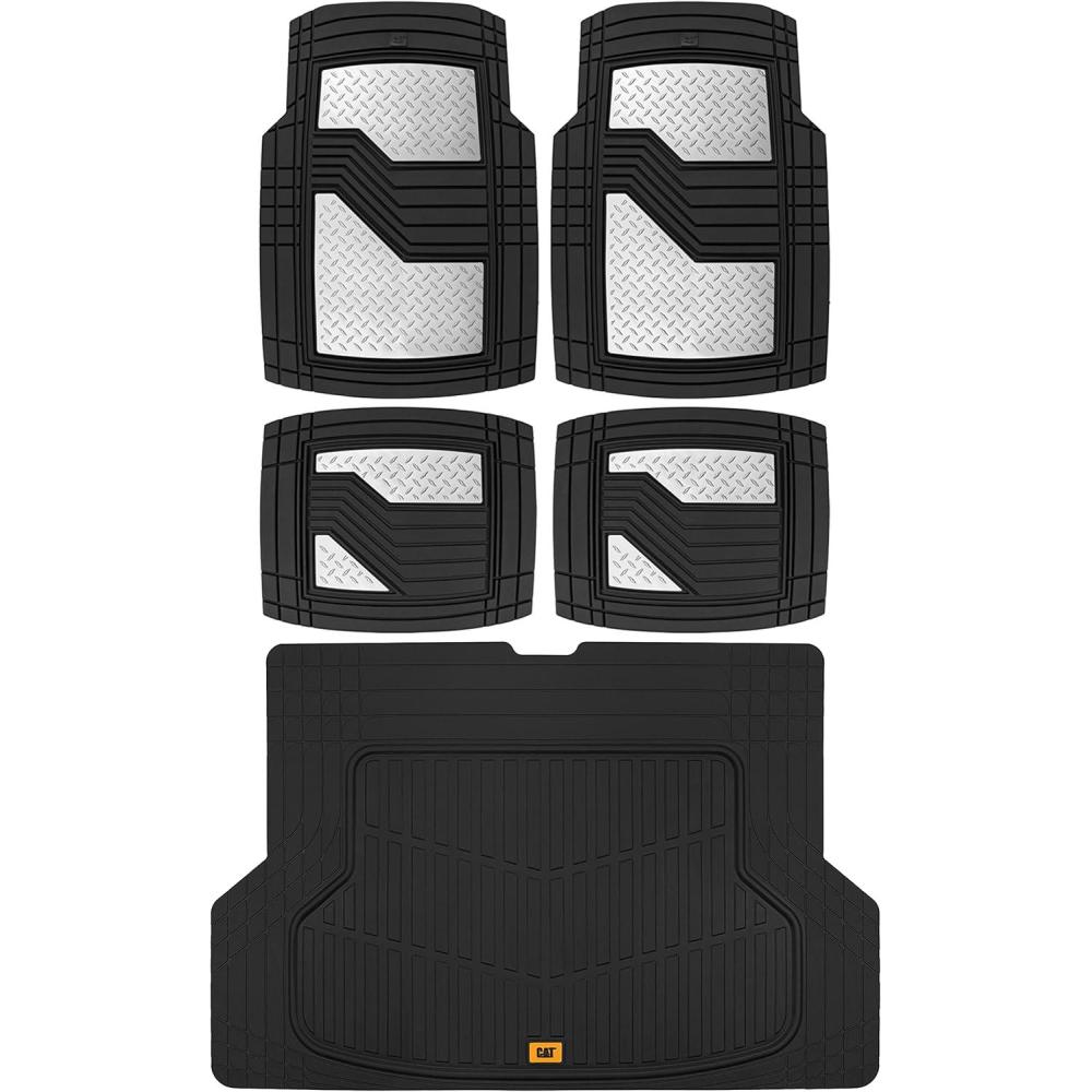 imageCAT Diamond Steel HeavyDuty Rubber Floor Mats ampamp Cargo Trunk Liner for Cars Trucks SUVs Vans Sedans Gray ampamp Black  TrimtoFit All Weather Deep Dish Automotive Floor Mat for Complete ProtectionBlackSilver