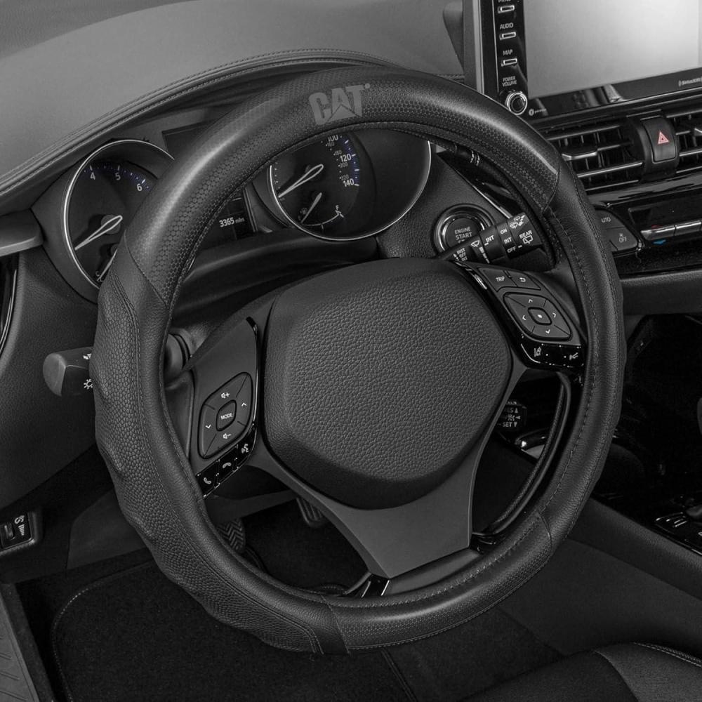 imageCat Steering Wheel Cover  SuedePU Leather BlackGray with Chrome Logo 14515 inch  Durable and Comfortable with Advanced Grip Car Steering Wheel Cover for Auto Truck Van SUVBlack HexSport