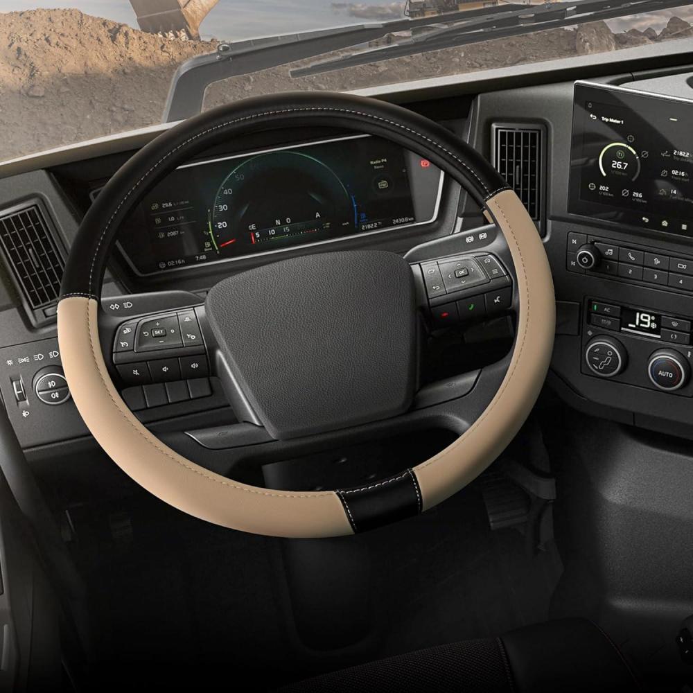 imageCat Steering Wheel Cover  SuedePU Leather BlackGray with Chrome Logo 14515 inch  Durable and Comfortable with Advanced Grip Car Steering Wheel Cover for Auto Truck Van SUVBlackBeige BigDrive