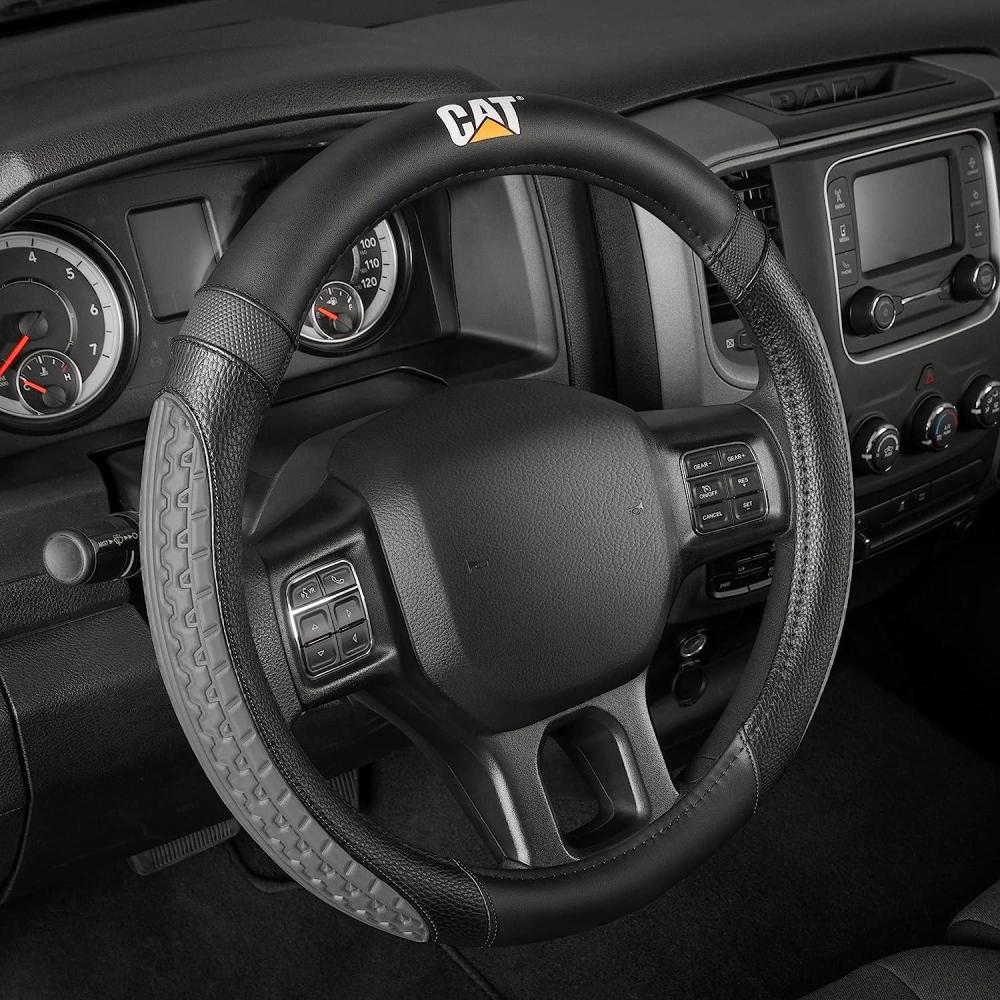 imageCat Steering Wheel Cover  SuedePU Leather BlackGray with Chrome Logo 14515 inch  Durable and Comfortable with Advanced Grip Car Steering Wheel Cover for Auto Truck Van SUVBlackGray