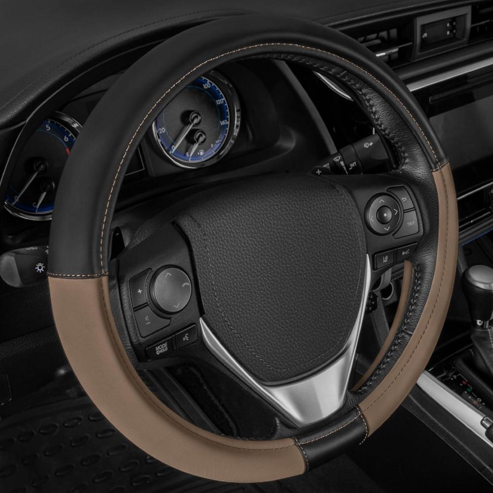 imageCat Steering Wheel Cover SuedePU Leather BlackGray with Chrome Logo 14515 inch Durable and Comfortable with Advanced Grip Car Steering Wheel Cover for Auto Truck Van SUVBeige Black