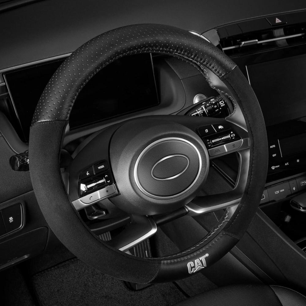 imageCat Steering Wheel Cover  SuedePU Leather BlackGray with Chrome Logo 14515 inch  Durable and Comfortable with Advanced Grip Car Steering Wheel Cover for Auto Truck Van SUVBlackGray Suede