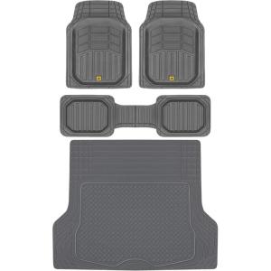 BDK Cat® CAMT-9013 (3-Piece) Large Heavy Duty Rubber Car Floor Mats with Trunk Cargo Liner, Trim to Fit Front & Rear Combo Set for Car Sedan SUV Van, All Weather(Gray)