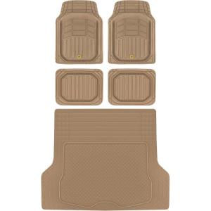 BDK Cat® CAMT-9014 (4-Piece) Large Deep Dish Rubber Car Floor Mats with Trunk Cargo Liner, Universal Trim to Fit Front & Rear Combo Set for Car Sedan SUV Van, Heavy Duty All Weather Beige(Beige)