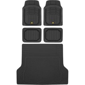 BDK Cat® CAMT-9014 (4-Piece) Large Deep Dish Rubber Car Floor Mats with Trunk Cargo Liner, Universal Trim to Fit Front & Rear Combo Set for Car Sedan SUV Van, Heavy Duty All Weather Beige(Black)