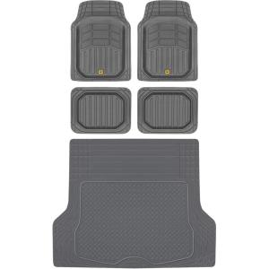 BDK Cat® CAMT-9014 (4-Piece) Large Deep Dish Rubber Car Floor Mats with Trunk Cargo Liner, Universal Trim to Fit Front & Rear Combo Set for Car Sedan SUV Van, Heavy Duty All Weather Beige(Gray)