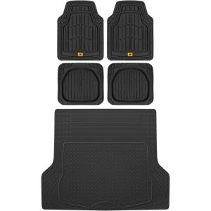 BDK USA by CAT® Automotive Heavy Duty Car Floor Mats with Rear Cargo Mat Trunk Cargo Liner for SUV – Caterpillar All-Weather Universal Trim to Fit Front & Rear Combo Rubber Car Mats & SUV Trunk Mat(Black)