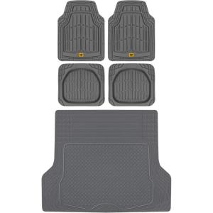 BDK USA by CAT® Automotive Heavy Duty Car Floor Mats with Rear Cargo Mat Trunk Cargo Liner for SUV – Caterpillar All-Weather Universal Trim to Fit Front & Rear Combo Rubber Car Mats & SUV Trunk Mat(Gray)