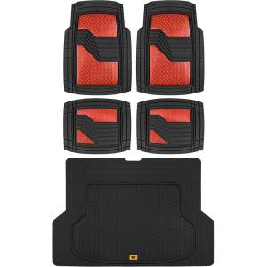 CAT® Diamond Steel Heavy-Duty Rubber Floor Mats & Cargo Trunk Liner for Cars Trucks SUVs Vans Sedans, Gray & Black – Trim-to-Fit, All Weather Deep Dish Automotive Floor Mat for Complete Protection(Black/Red)