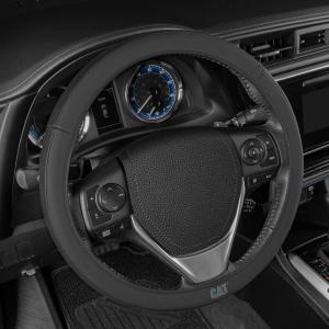 Cat® Steering Wheel Cover – Suede/PU Leather Black/Gray with Chrome Logo, 14.5-15 inch – Durable and Comfortable with Advanced Grip, Car Steering Wheel Cover for Auto Truck Van SUV(Black EasyWrap)