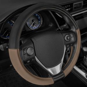 Cat® Steering Wheel Cover – Suede/PU Leather Black/Gray with Chrome Logo, 14.5-15 inch – Durable and Comfortable with Advanced Grip, Car Steering Wheel Cover for Auto Truck Van SUV(Beige / Black)