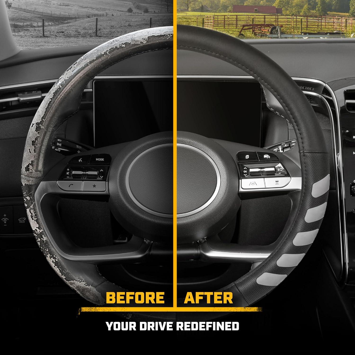 imageCat ErgoDrive Car Steering Wheel Cover with Light Gray Grip Standard 15 inch Size Durable and Comfortable with Advanced Grip Black Faux Leather Steering Wheel Cover for Auto Truck Van SUVGray