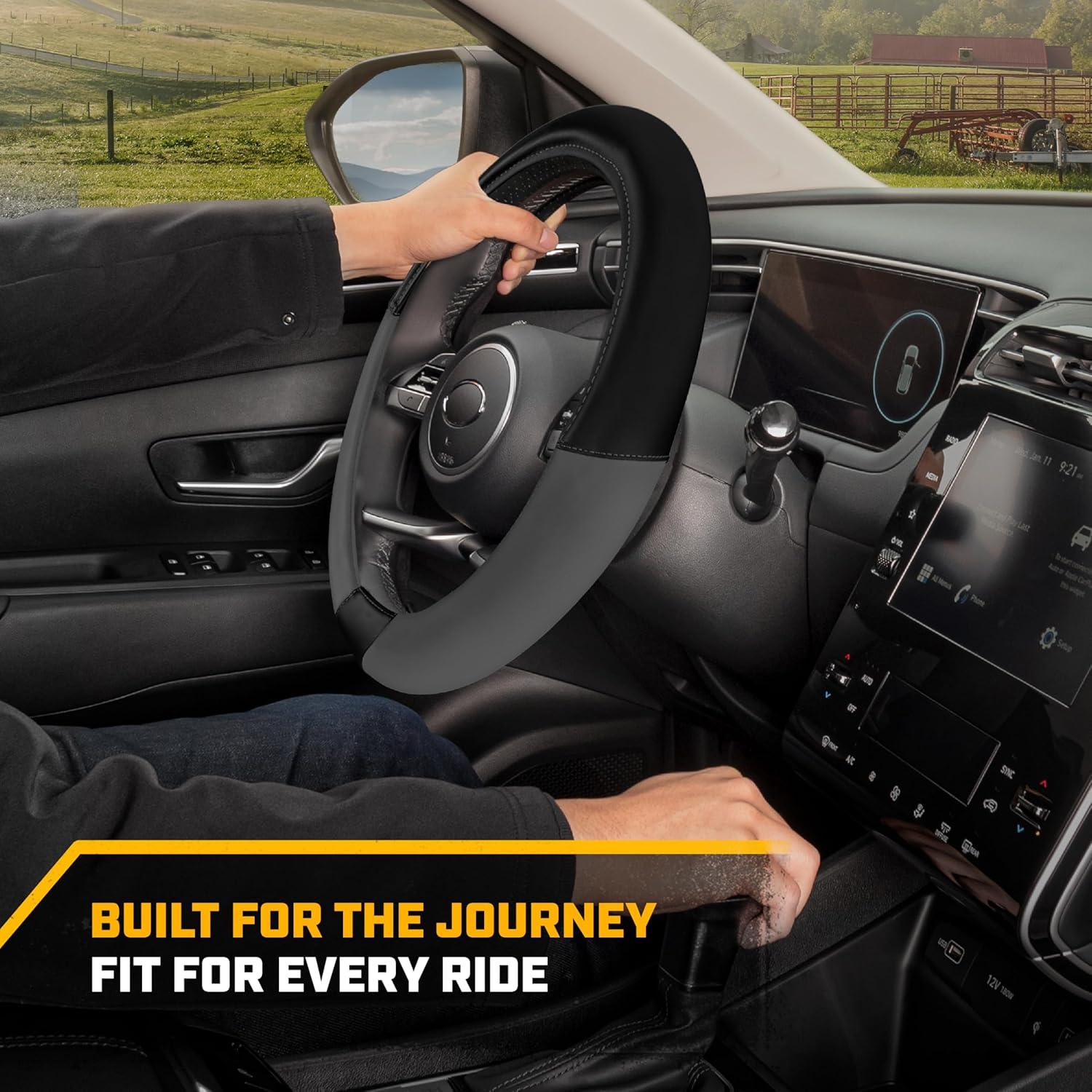 imageCat ErgoDrive Car Steering Wheel Cover with Light Gray Grip Standard 15 inch Size Durable and Comfortable with Advanced Grip Black Faux Leather Steering Wheel Cover for Auto Truck Van SUVDark Gray Black