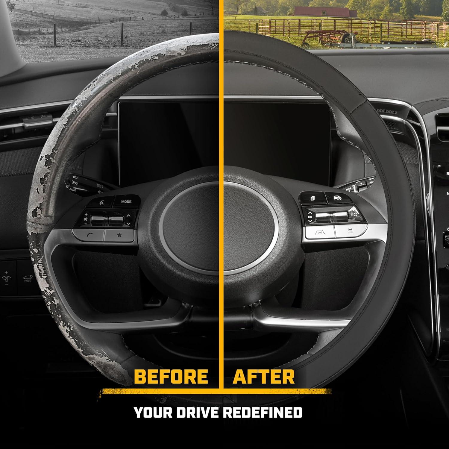 imageCat ErgoDrive Car Steering Wheel Cover with Light Gray Grip Standard 15 inch Size Durable and Comfortable with Advanced Grip Black Faux Leather Steering Wheel Cover for Auto Truck Van SUVBlack EasyWrap