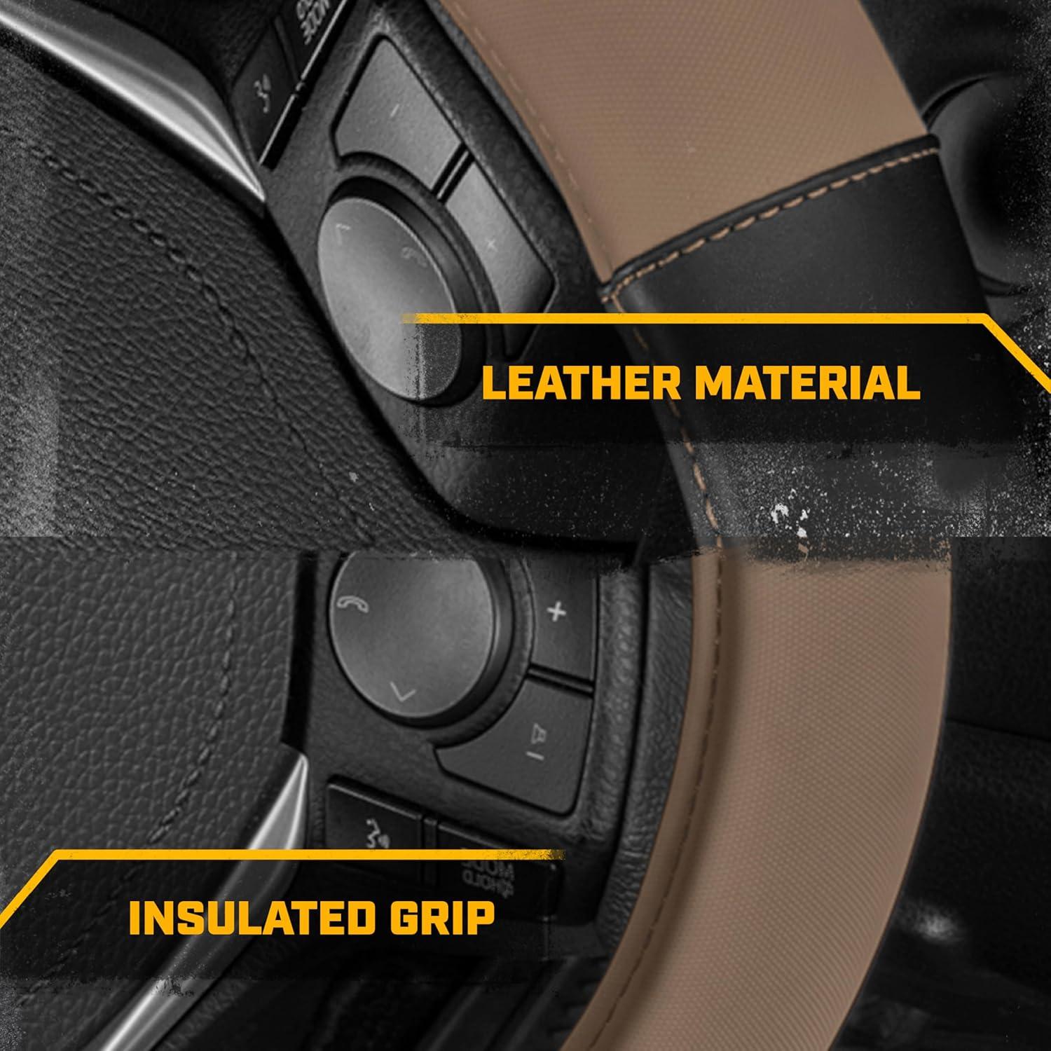 imageCat ErgoDrive Car Steering Wheel Cover with Light Gray Grip Standard 15 inch Size Durable and Comfortable with Advanced Grip Black Faux Leather Steering Wheel Cover for Auto Truck Van SUVBeige Black