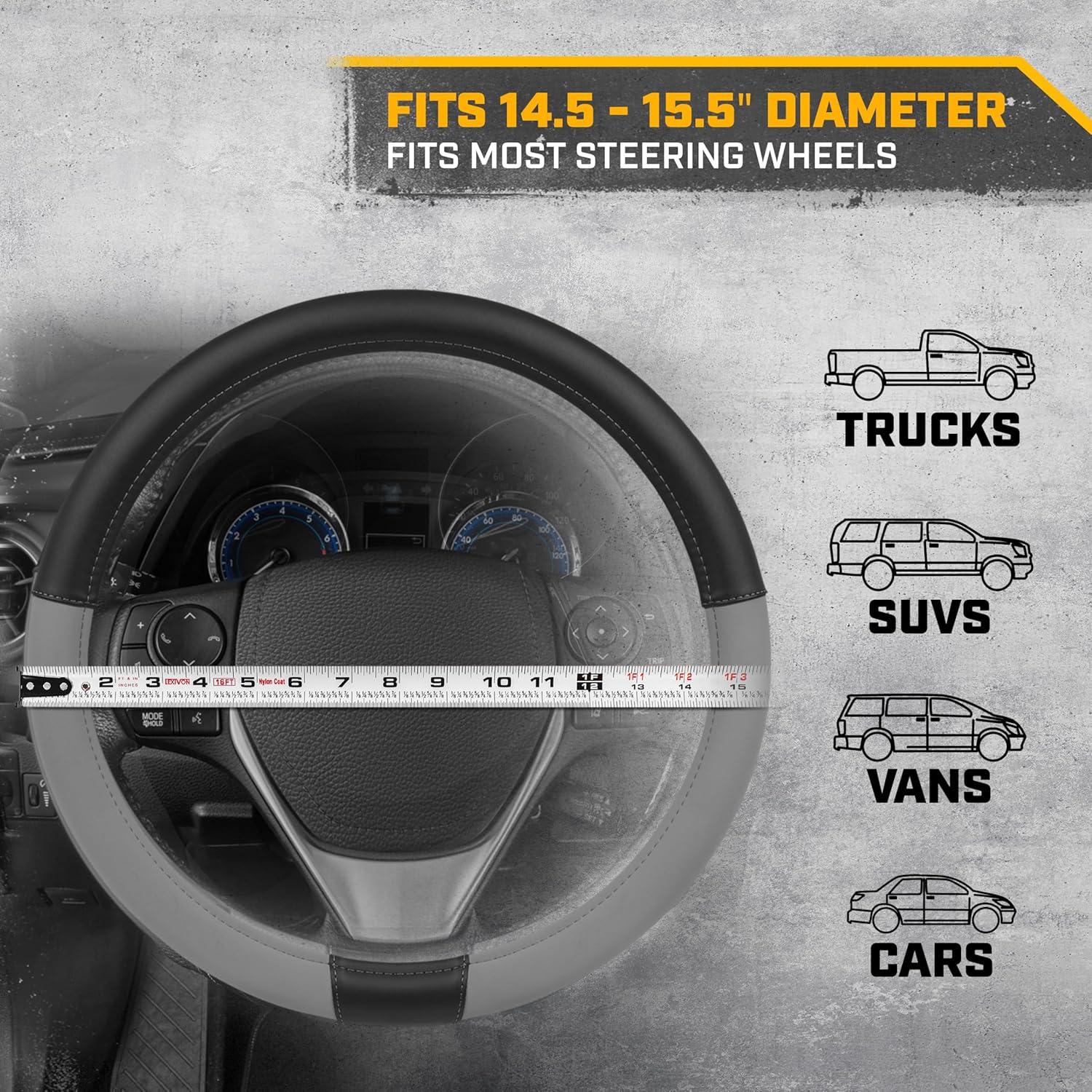 imageCat ErgoDrive Car Steering Wheel Cover with Light Gray Grip Standard 15 inch Size Durable and Comfortable with Advanced Grip Black Faux Leather Steering Wheel Cover for Auto Truck Van SUVGray ErgoDrive