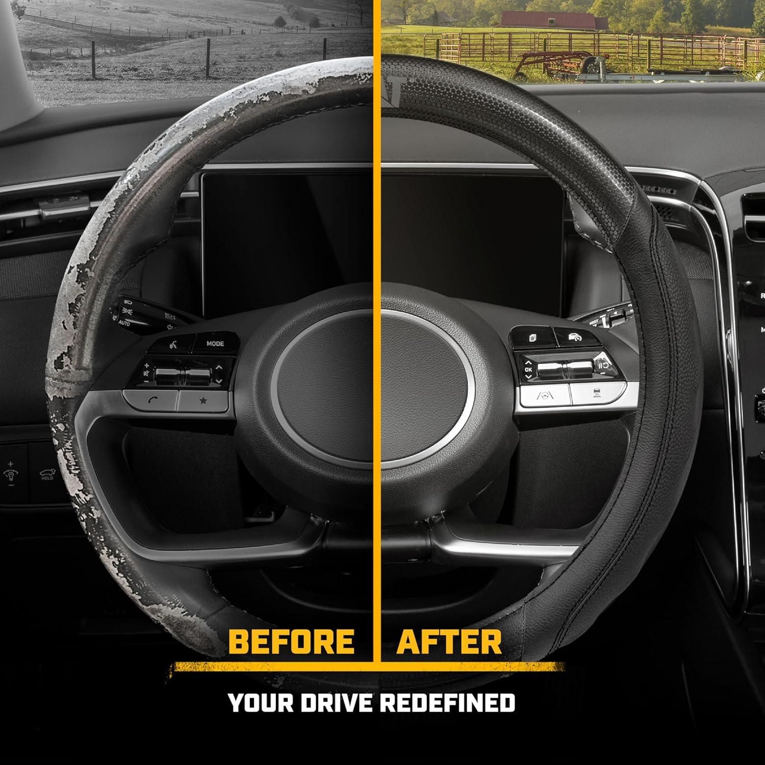 imageCat ErgoDrive Car Steering Wheel Cover with Light Gray Grip Standard 15 inch Size Durable and Comfortable with Advanced Grip Black Faux Leather Steering Wheel Cover for Auto Truck Van SUVBlack HexSport