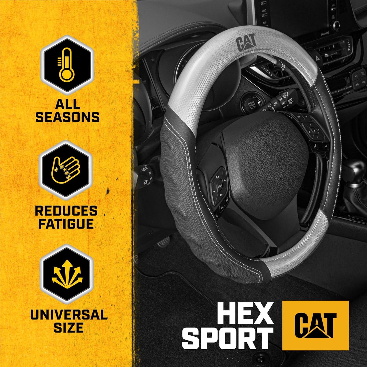 imageCat ErgoDrive Car Steering Wheel Cover with Light Gray Grip Standard 15 inch Size Durable and Comfortable with Advanced Grip Black Faux Leather Steering Wheel Cover for Auto Truck Van SUVGray HexSport