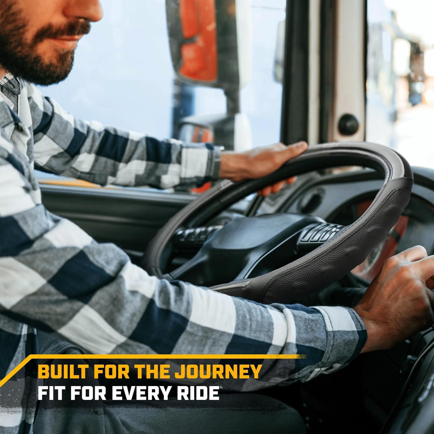 imageCat ErgoDrive Car Steering Wheel Cover with Light Gray Grip Standard 15 inch Size Durable and Comfortable with Advanced Grip Black Faux Leather Steering Wheel Cover for Auto Truck Van SUVBlack BigGrip