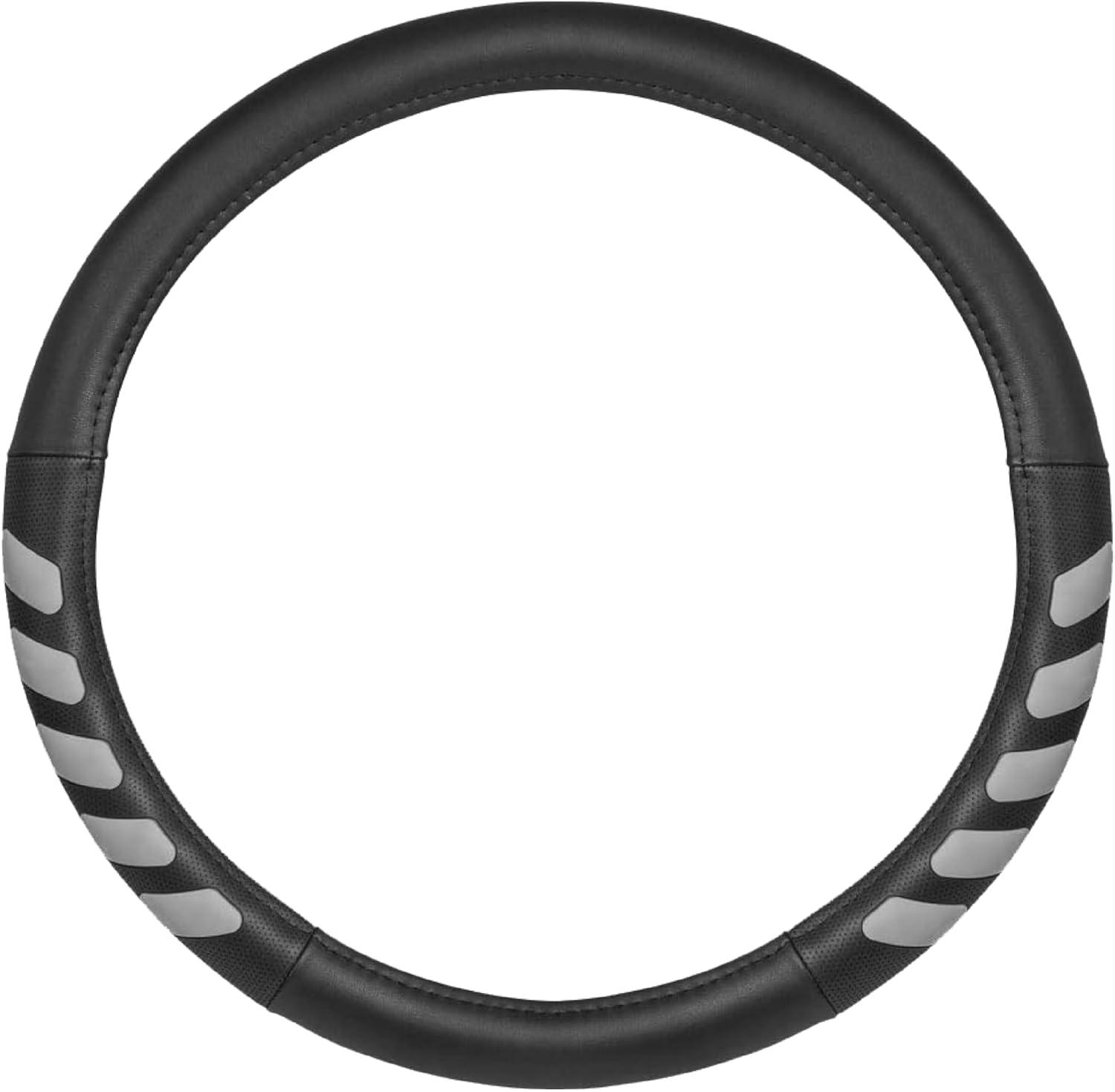 imageCat ErgoDrive Car Steering Wheel Cover with Light Gray Grip Standard 15 inch Size Durable and Comfortable with Advanced Grip Black Faux Leather Steering Wheel Cover for Auto Truck Van SUVGray