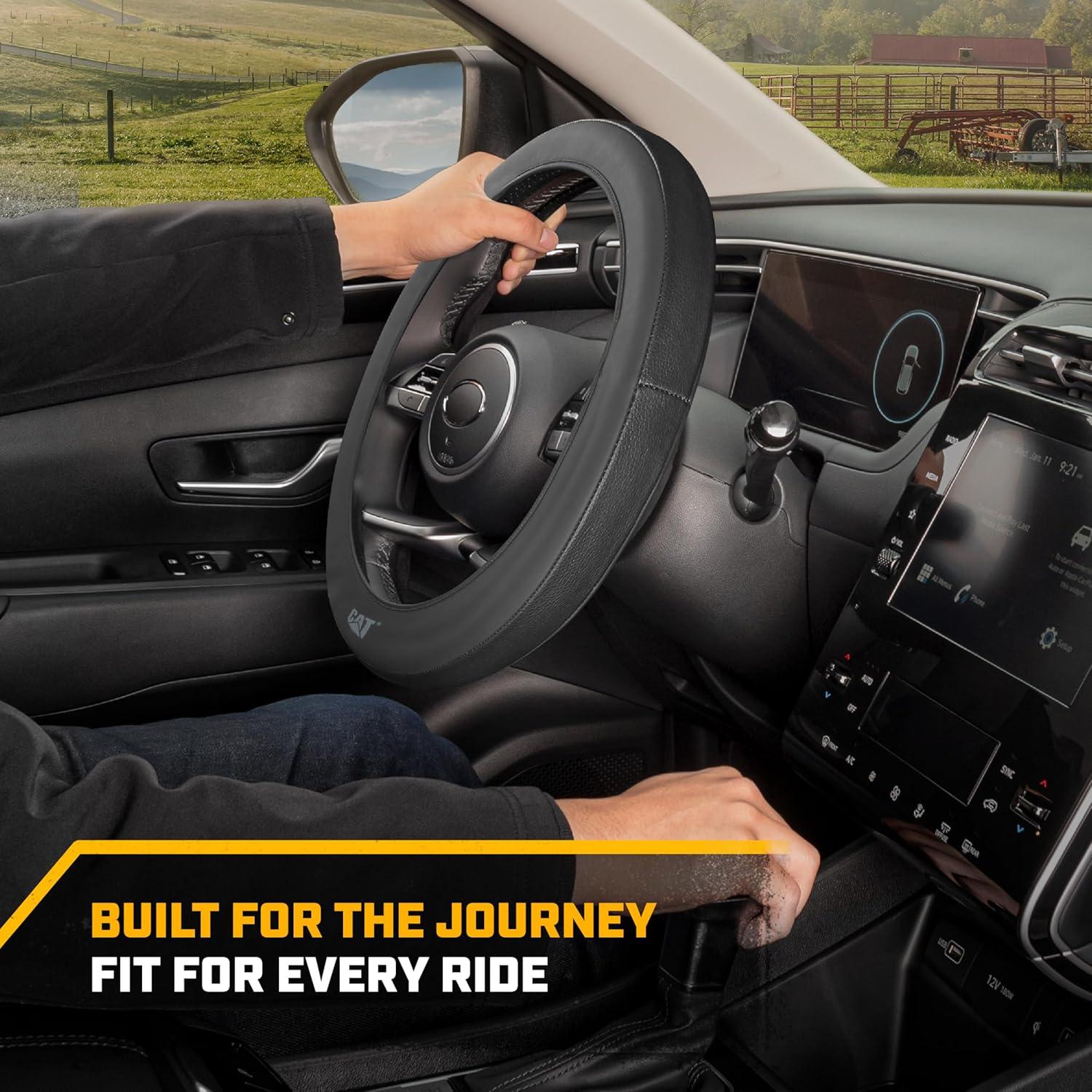 imageCat ErgoDrive Car Steering Wheel Cover with Light Gray Grip Standard 15 inch Size Durable and Comfortable with Advanced Grip Black Faux Leather Steering Wheel Cover for Auto Truck Van SUVBlack EasyWrap