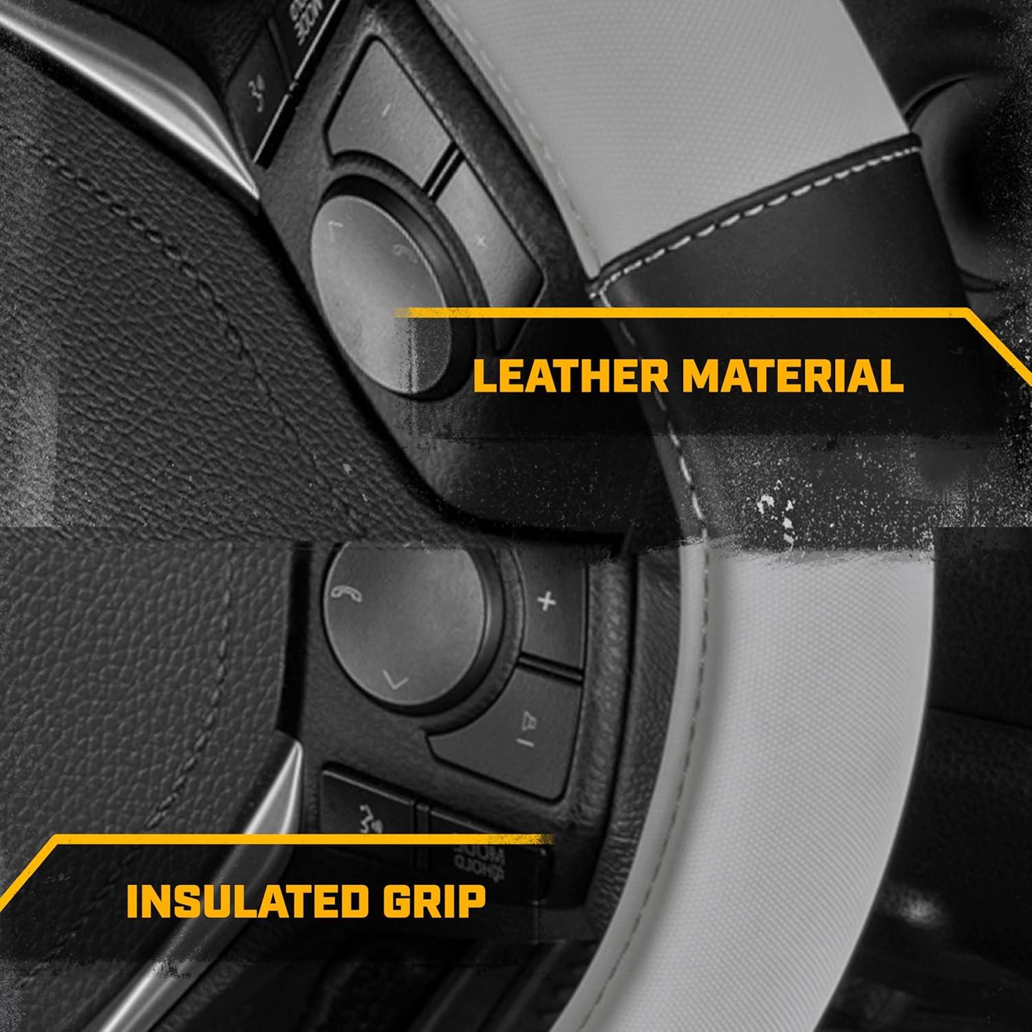 imageCat ErgoDrive Car Steering Wheel Cover with Light Gray Grip Standard 15 inch Size Durable and Comfortable with Advanced Grip Black Faux Leather Steering Wheel Cover for Auto Truck Van SUVGray ErgoDrive