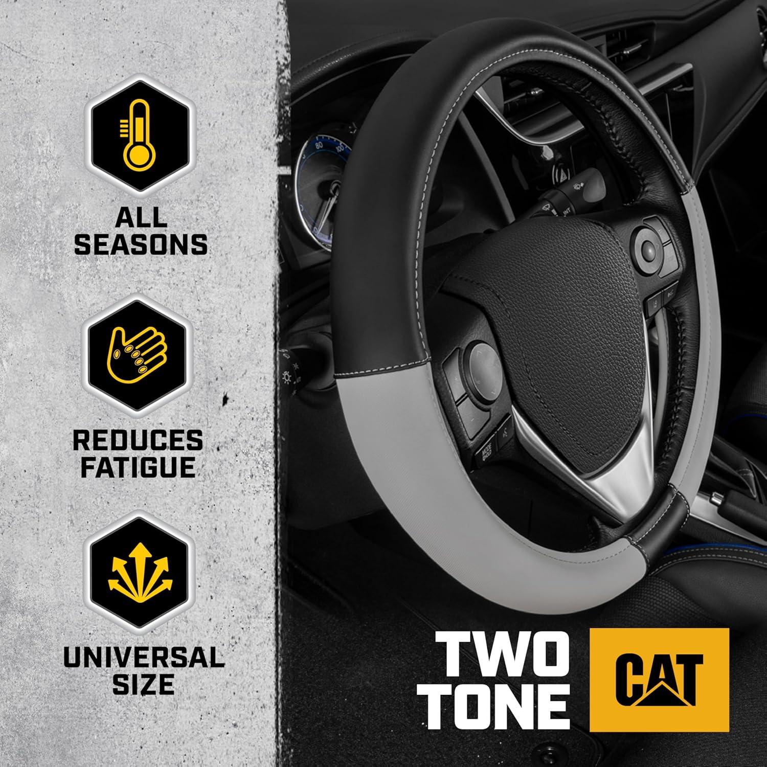 imageCat ErgoDrive Car Steering Wheel Cover with Light Gray Grip Standard 15 inch Size Durable and Comfortable with Advanced Grip Black Faux Leather Steering Wheel Cover for Auto Truck Van SUVGray ErgoDrive