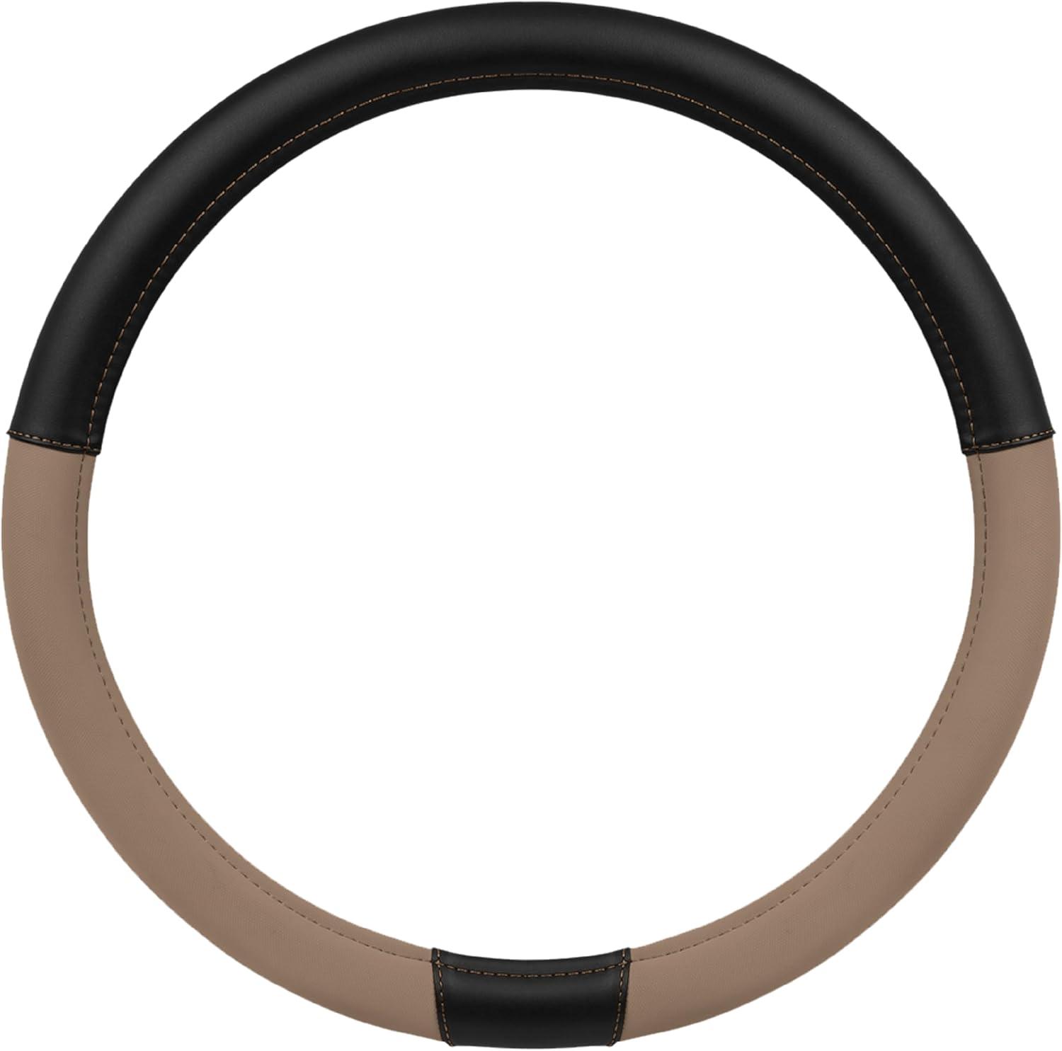 imageCat ErgoDrive Car Steering Wheel Cover with Light Gray Grip Standard 15 inch Size Durable and Comfortable with Advanced Grip Black Faux Leather Steering Wheel Cover for Auto Truck Van SUVBeige Black