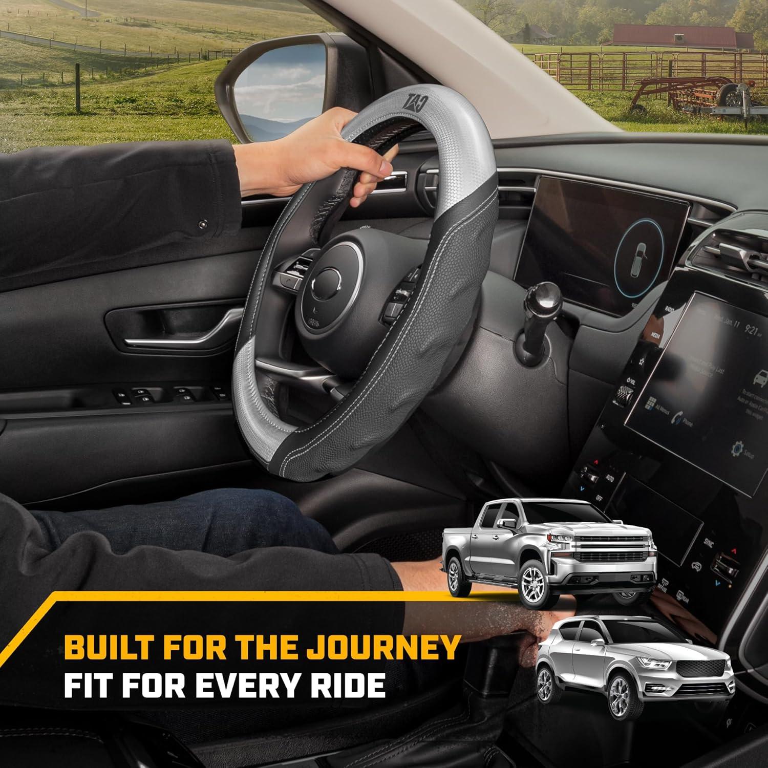 imageCat ErgoDrive Car Steering Wheel Cover with Light Gray Grip Standard 15 inch Size Durable and Comfortable with Advanced Grip Black Faux Leather Steering Wheel Cover for Auto Truck Van SUVGray HexSport