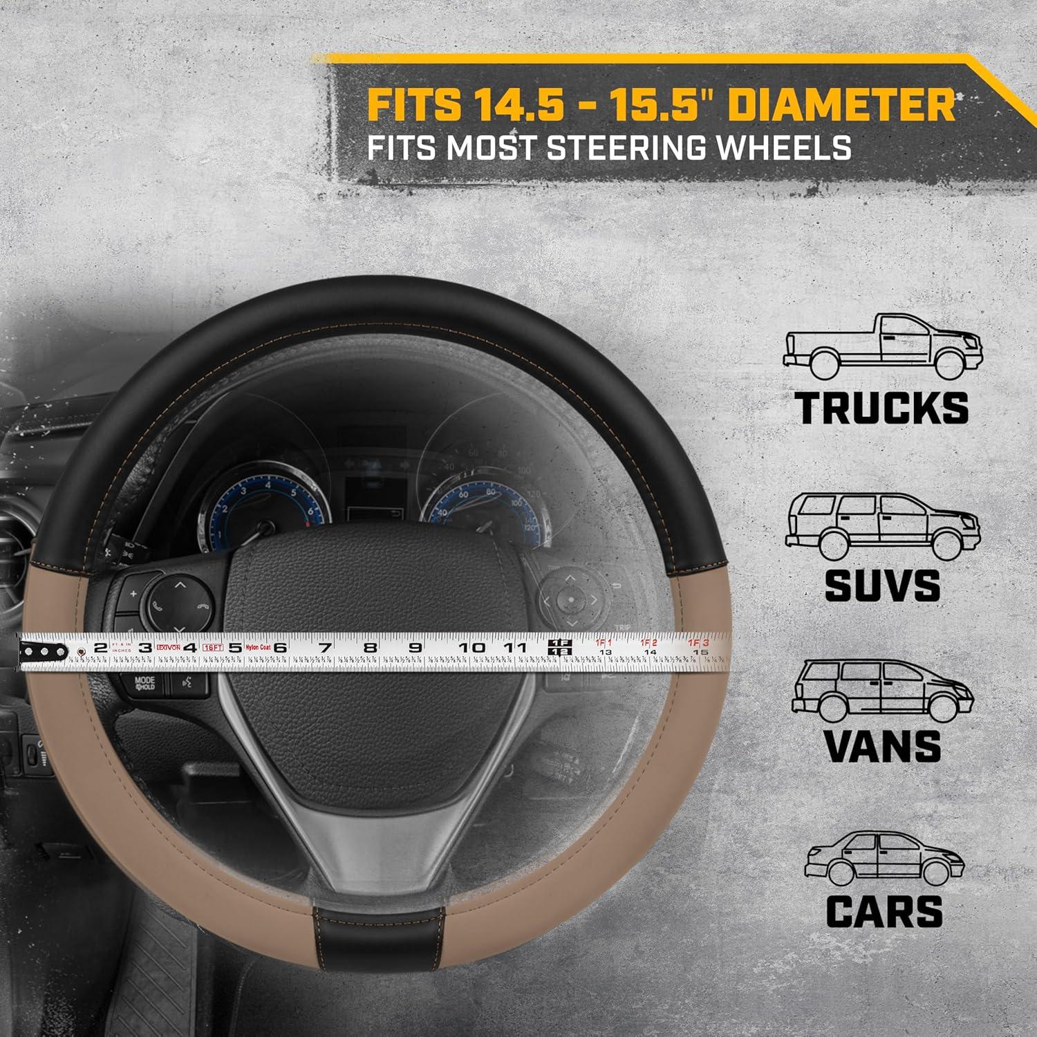 imageCat ErgoDrive Car Steering Wheel Cover with Light Gray Grip Standard 15 inch Size Durable and Comfortable with Advanced Grip Black Faux Leather Steering Wheel Cover for Auto Truck Van SUVBeige Black