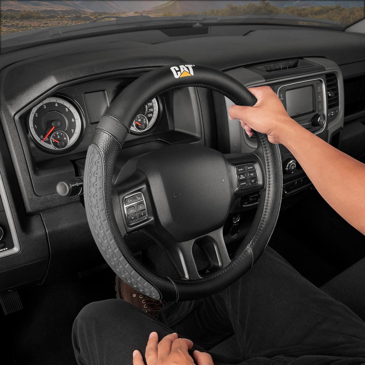 imageCat ErgoDrive Car Steering Wheel Cover with Light Gray Grip Standard 15 inch Size Durable and Comfortable with Advanced Grip Black Faux Leather Steering Wheel Cover for Auto Truck Van SUVBlackGray