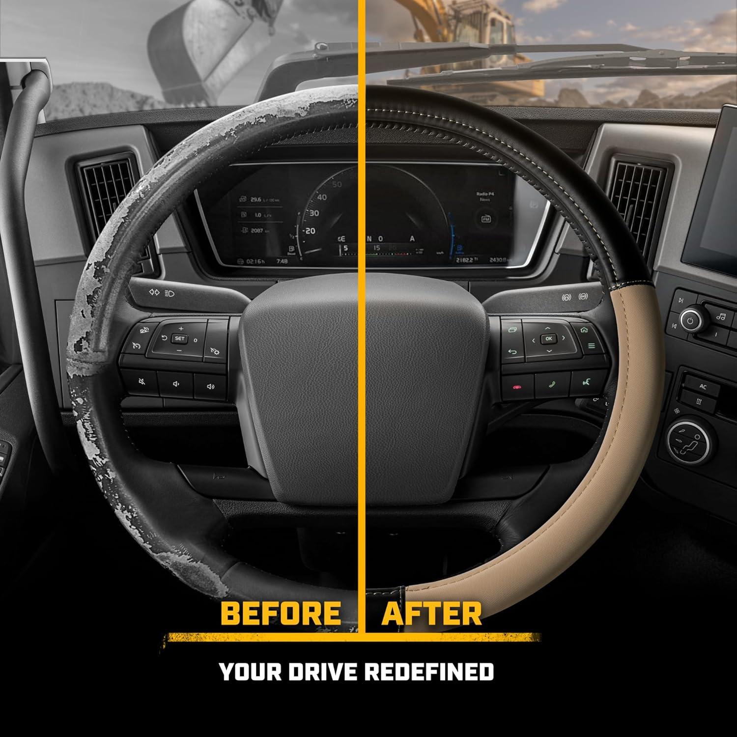 imageCat ErgoDrive Car Steering Wheel Cover with Light Gray Grip Standard 15 inch Size Durable and Comfortable with Advanced Grip Black Faux Leather Steering Wheel Cover for Auto Truck Van SUVBlackBeige BigDrive