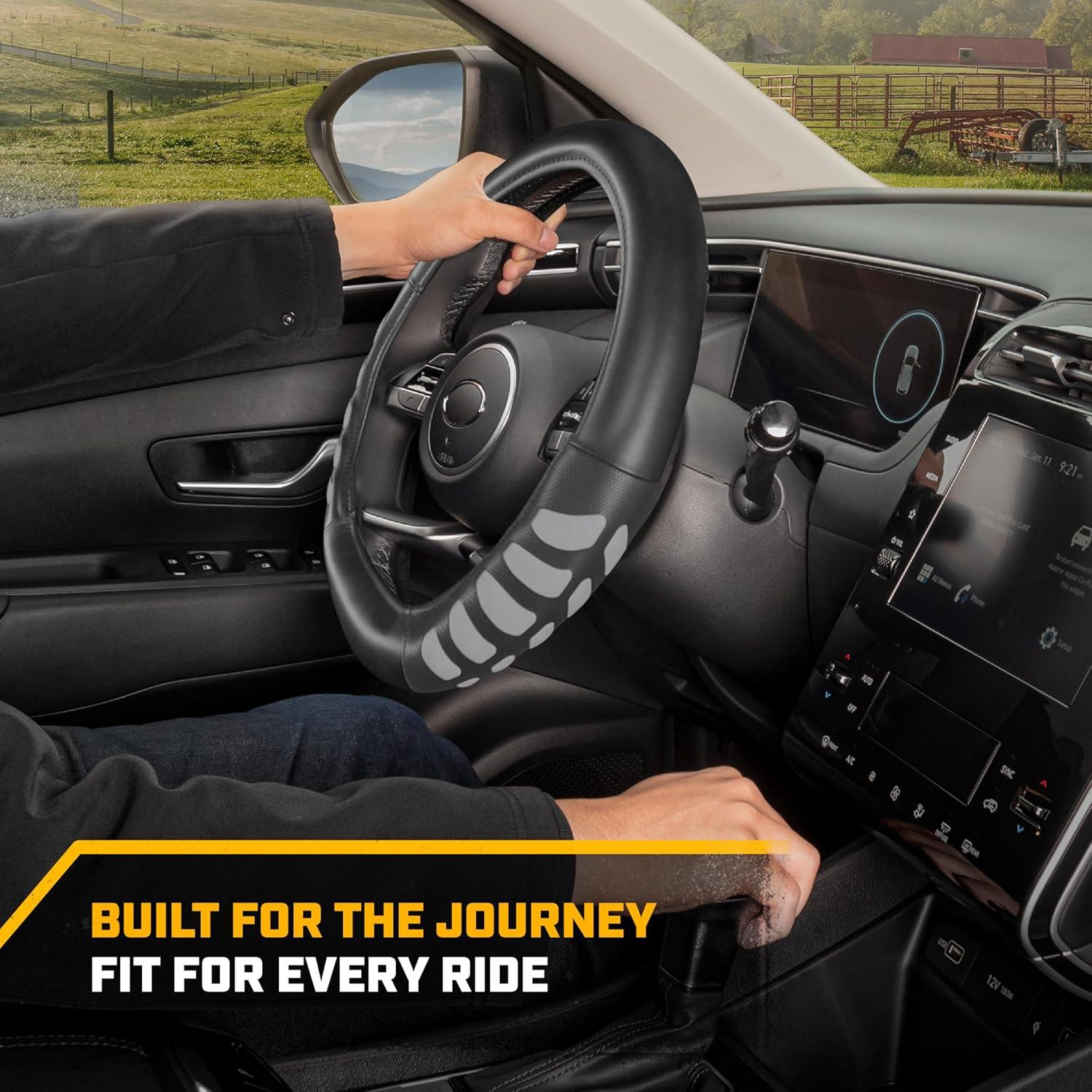 imageCat ErgoDrive Car Steering Wheel Cover with Light Gray Grip Standard 15 inch Size Durable and Comfortable with Advanced Grip Black Faux Leather Steering Wheel Cover for Auto Truck Van SUVGray